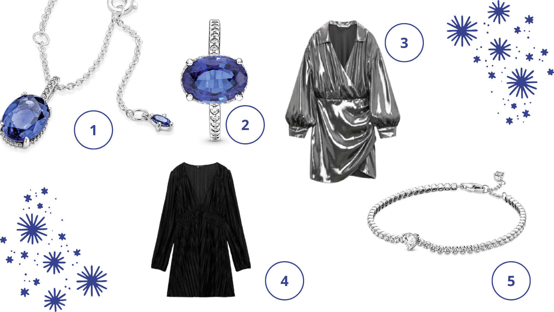 Kék és ezüst ruhák és ékszerek