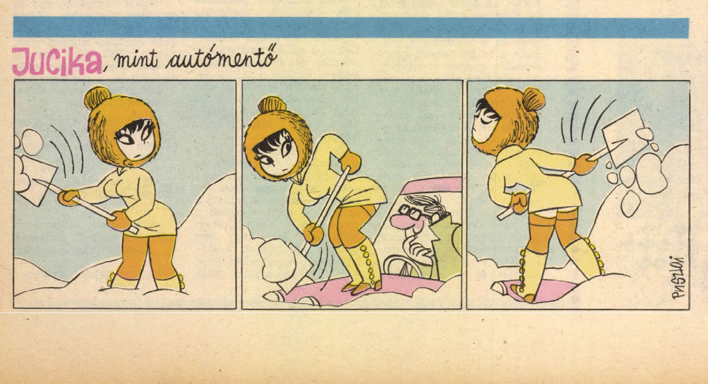 Jucika mint autómentő (forrás: Ludas Matyi)