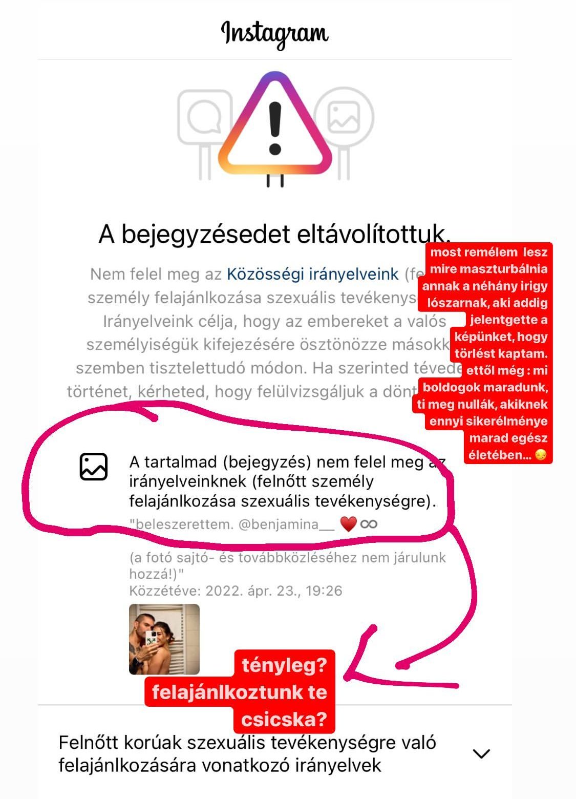 ByeAlex bejegyzése, miután az Istagram törölte egy fotóját