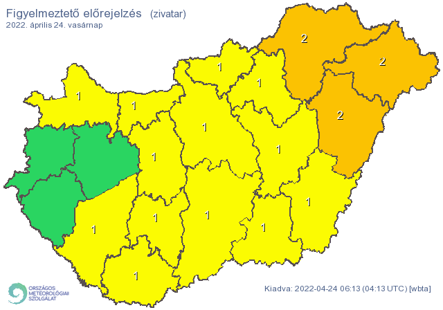 Heves zivatarok várhatók vasárnap, narancssárga figyelmeztetést is kiadtak