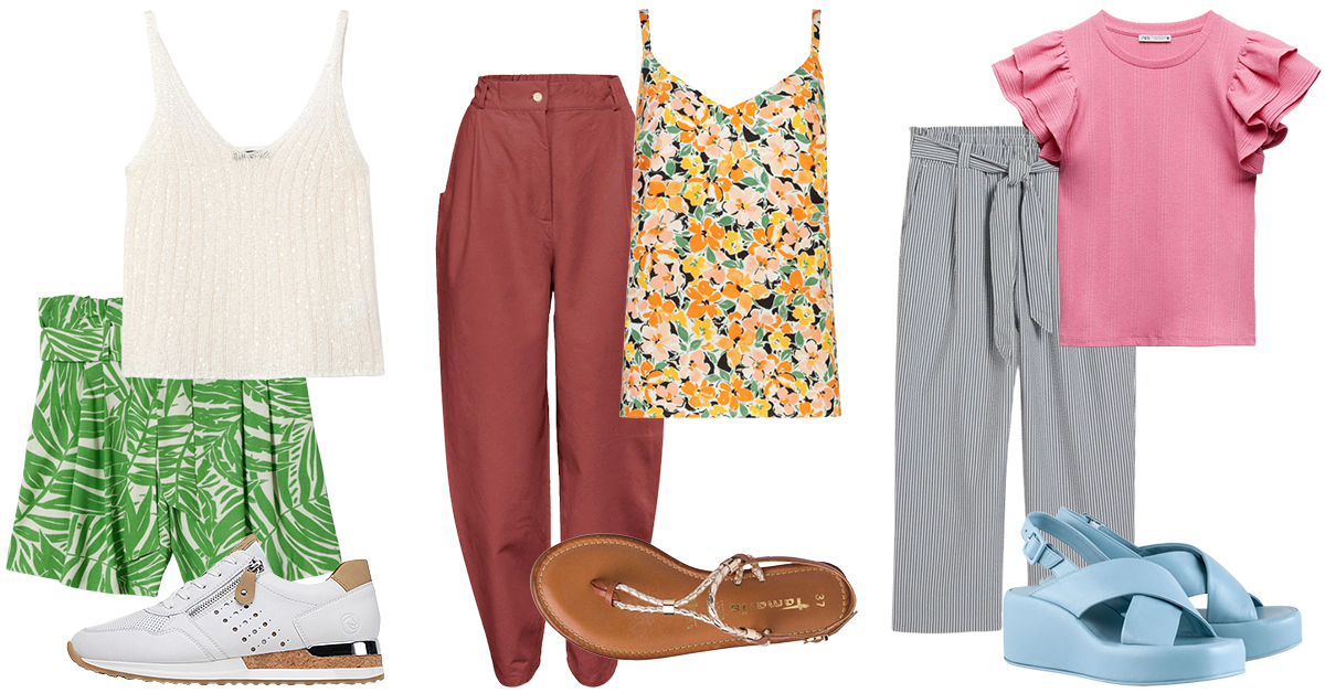 Zöld mintás sort - Mango , Fényes top - Mohito , Sportcipő - Remonte/CCC , Pamutvászon slouchy nadrág - Printa , Virágos top - F&amp;F , Szandál - Tamaris , Csíkos culotte - C&amp;A , Fodros ujjú felső - Zara , Kék szandál - Högl