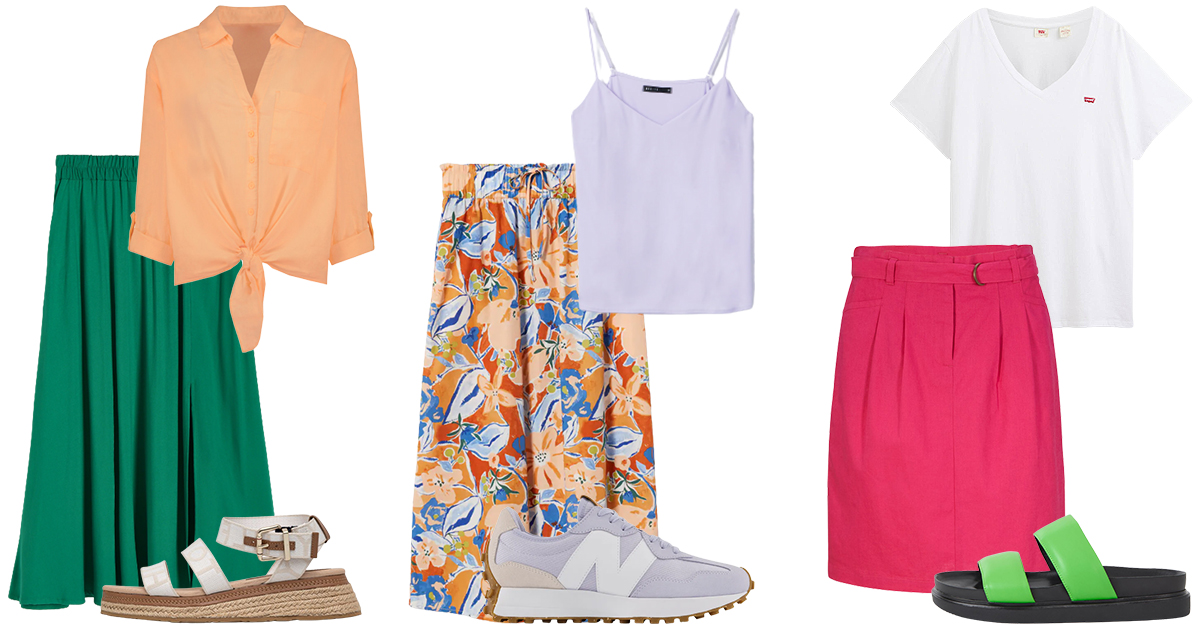 Zöld szoknya - Reserced , Narancssárga blúz - F&amp;F , Szandál - Tommy Hilfiger/Answear , Virágos szoknya - Mango , Lila trikó - Mohito , Sportcipő - New Balance , Pink szoknya - Bonporix , Fehér póló - Levi's , Zöld papucs - Vagabond
