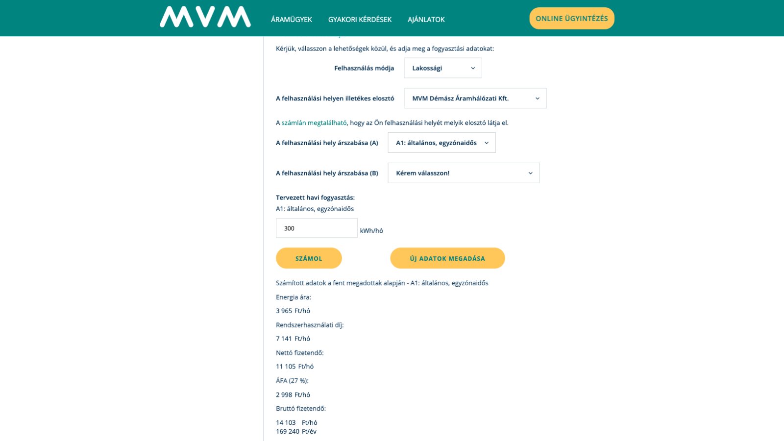 Képernyőkép az MVM áramfogyasztási kalkulátoráról