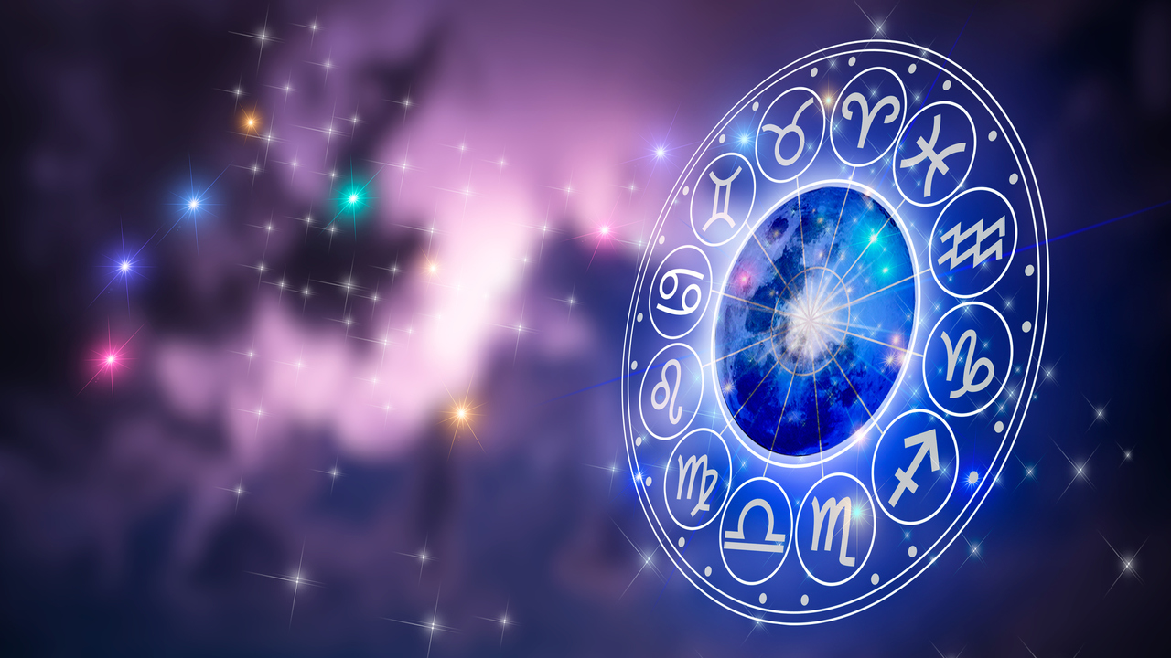 Zodiac signs inside of horoscope circle. Astrology in the sky with many stars and moons astrology and horoscopes concept