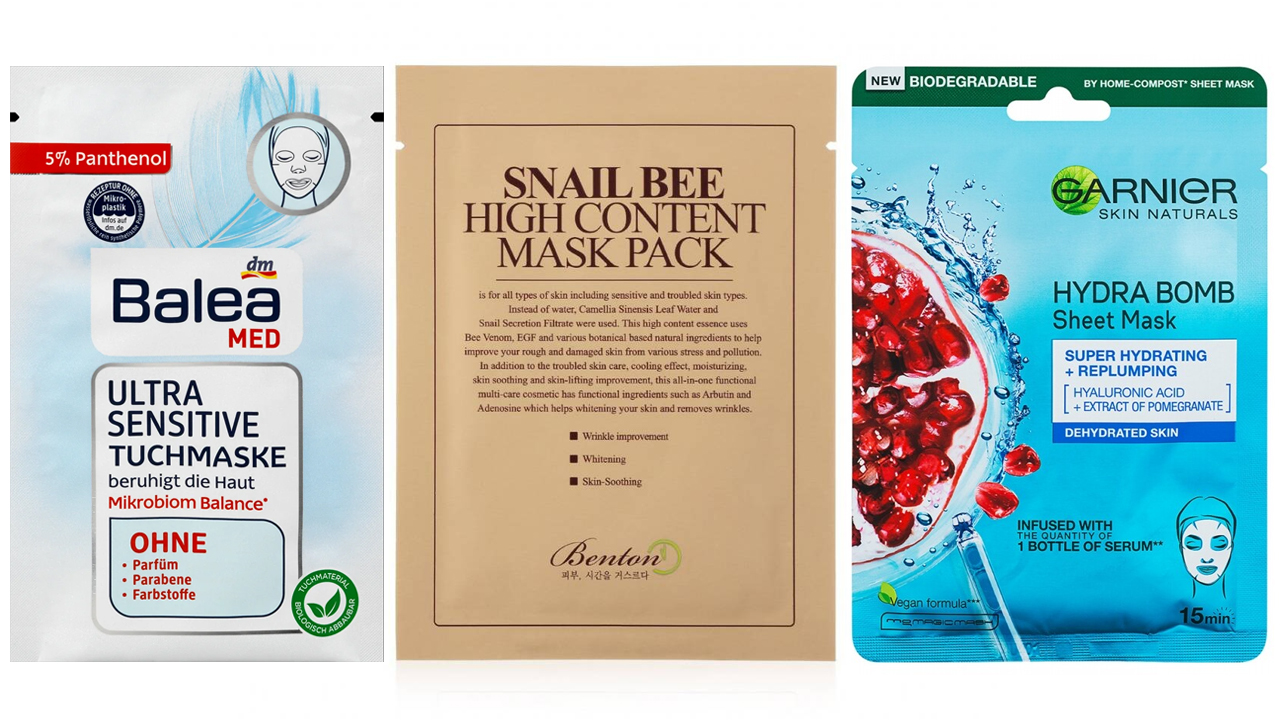 Népszerű fátyolmaszkok a Krémmániáról: Balea Med Ultra Sensitive Szövetmaszk - Benton Snail Bee High Content Mask - Garnier Skin Naturals Moisture+ Aqua Bomb Szuper Hidratáló, Feltöltő Textil Maszk