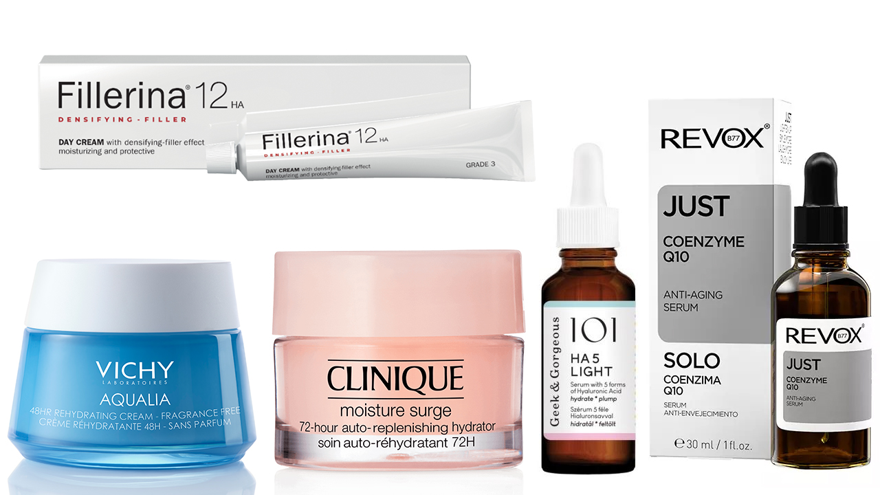 Hialuronsavas kozmetikumok: Fillerina 12 HA nappali arckrém – grade 3 , Vichy Aqualia Thermal hidratálókrém , Clinique Moisture Surge™ 72-Hour Auto-replenishing Hydrator , Geek & Gorgeous 101 HA 5 Light szérum , Revox Just Hyaluronic Acid 5% hidratáló szérum