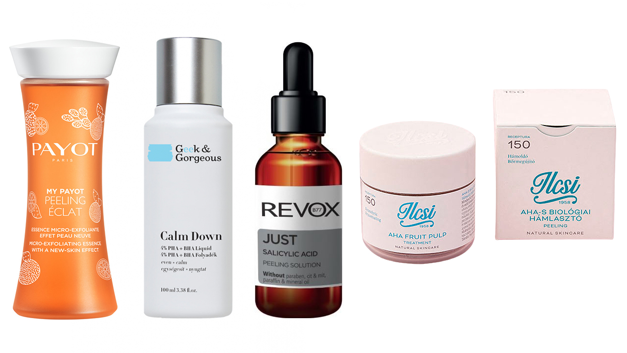 Kémiai hámlasztó készítmények a Krémmániáról: Payot - My Payot Peeling Éclat peeling esszencia Geek & Gorgeous Calm Down PHA-s kémiai hámlasztó folyadék Revox Just Salicylic Acid BHA hámlasztó Ilcsi AHA-s Biológiai Hámlasztó Peeling