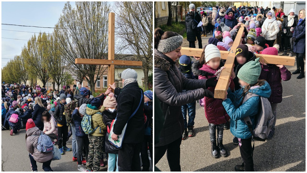 Keresztet cipelő általános iskolások Makón