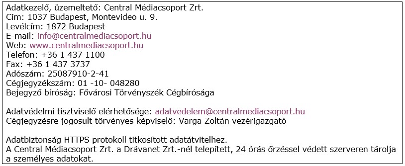 Central adatkezelő adatai