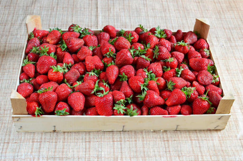 Érett eper fadobozban