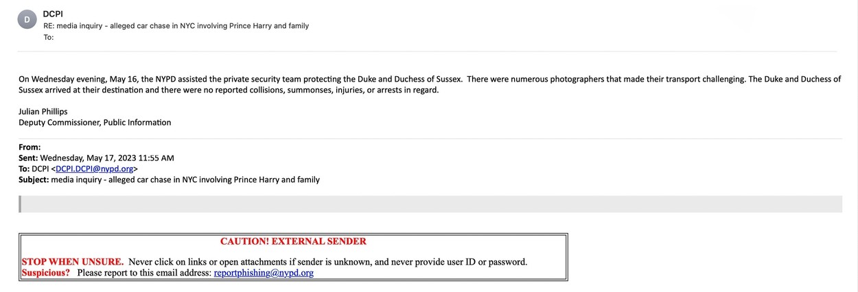 Harry és Meghan New York-i menekülése, rendőrségi levél