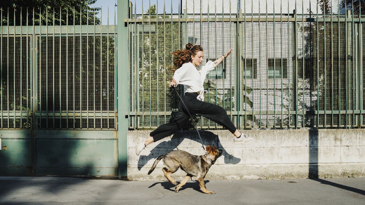 Ugró lány kutyával