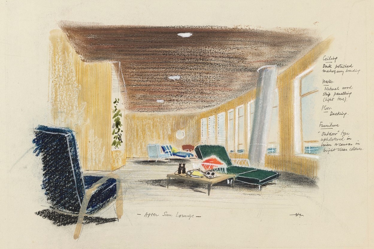 Sir Hugh Casson illusztrációja a Britannia egyik helyiségéről, ahol napozás után pihenhettek meg az utasok.