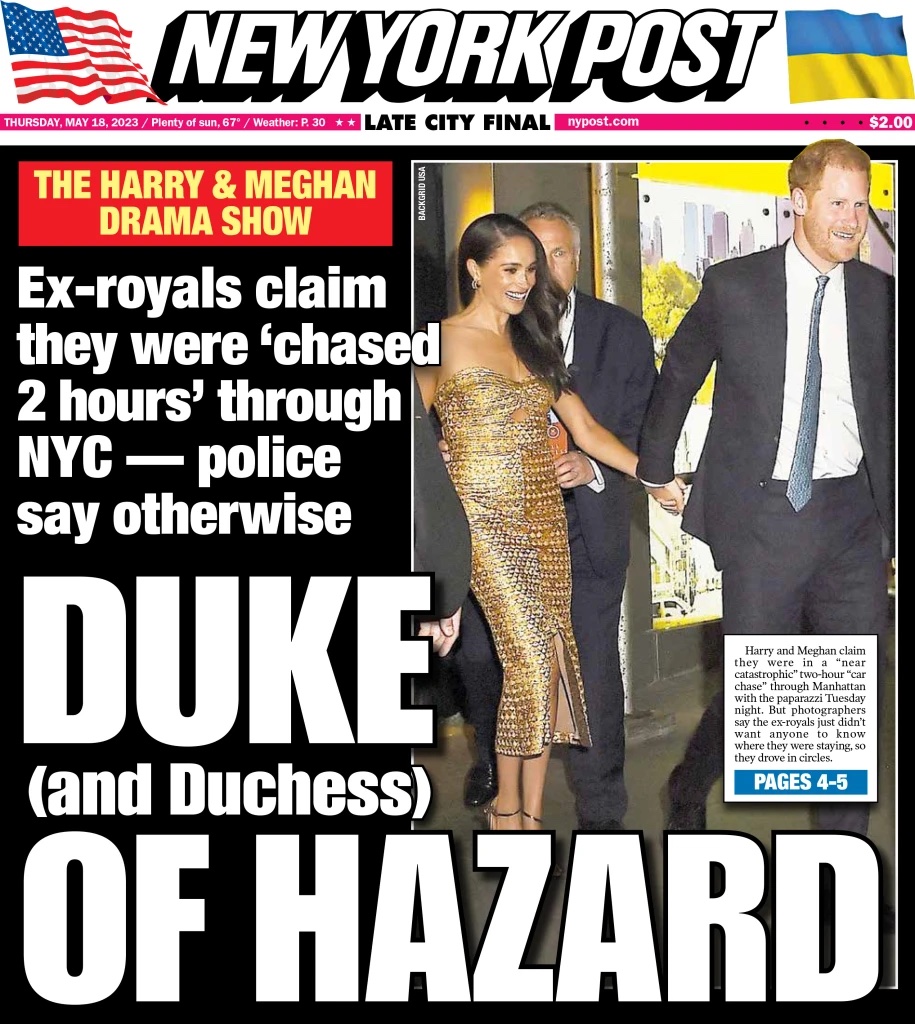 Harry herceg és MEghan Markle a New York Post címlapján 2023-ban.