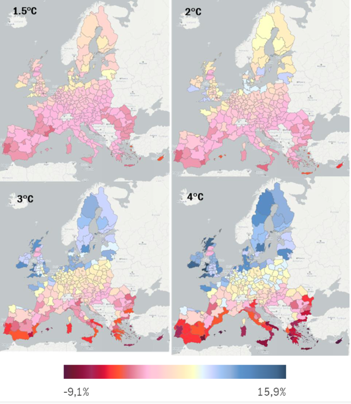 Az európai regionális turisztikai kereslet várható alakulása a globális felmelegedés forgatókönyvei esetén 2019-hez képest százalékban kifejezve