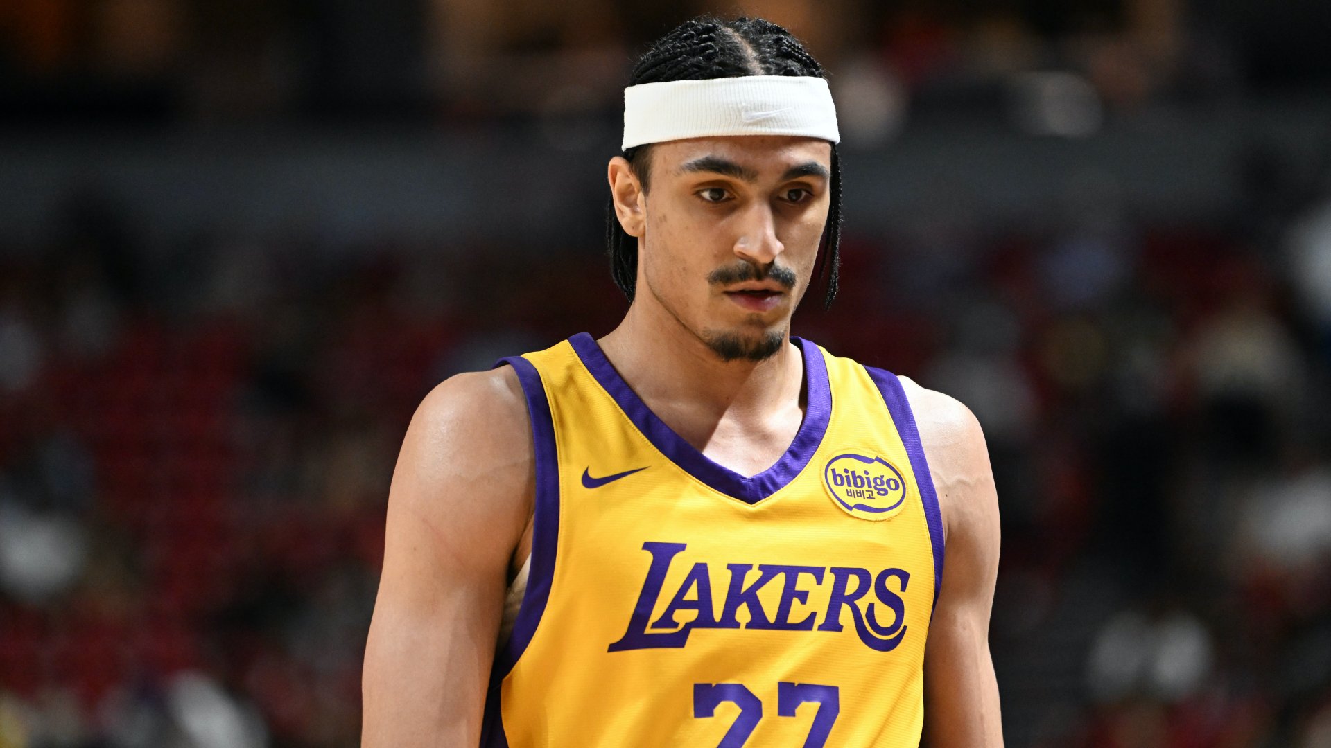 Valerio-Bodon Vincent a Los Angeles Lakers játékosa az Atlanta Hawks ellen a 2024-es NBA nyári ligás mérkőzés első félidejében 2024. július 17-én Las Vegasban