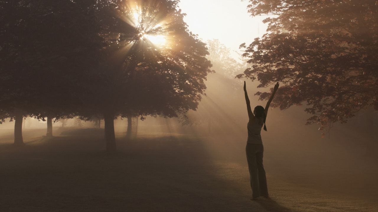 Nő jógázik a ködös erdőben a Nap felé