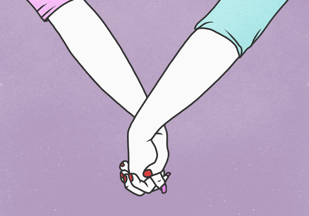 Lila háttér előtt két összekulcsolt kéz