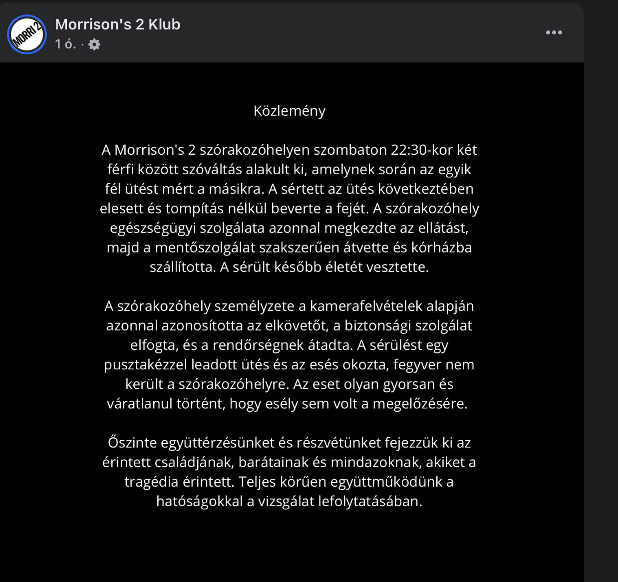 Morrison's 2 Klub közleménye