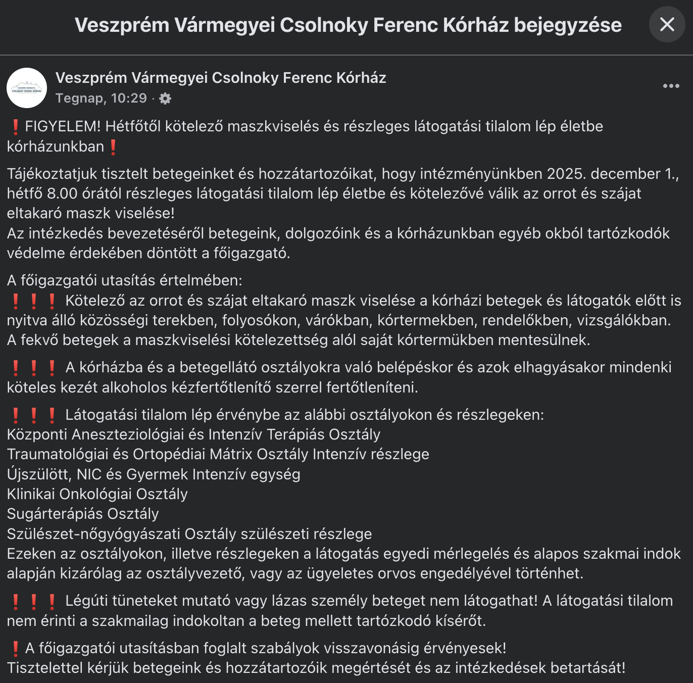 Veszprém Vármegyei Csolnoky Ferenc Kórház tájékoztatója