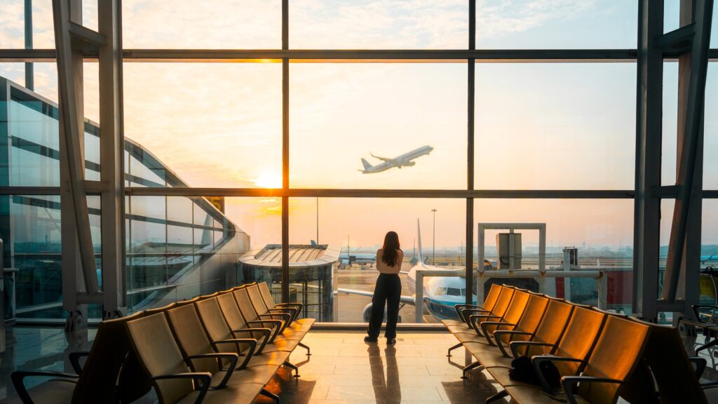 Nő várakozik magányosan a repülőtéren.