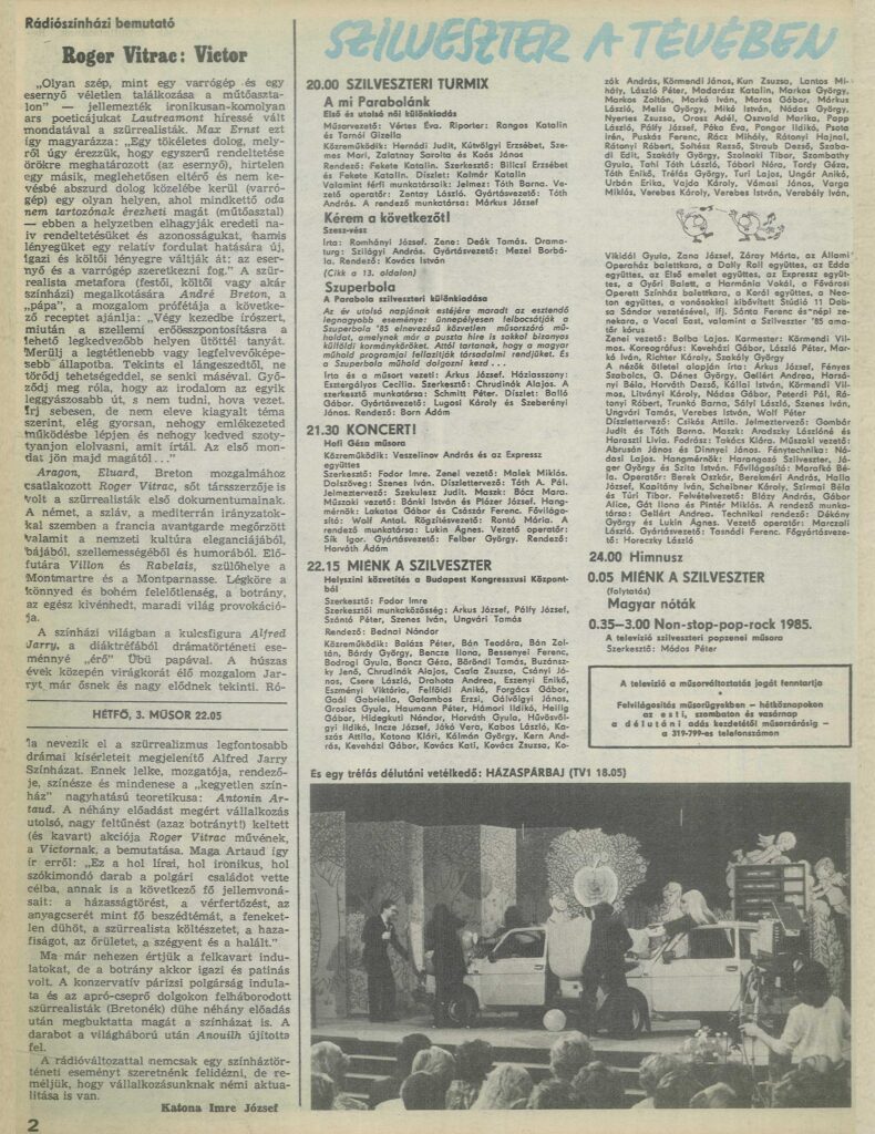 Az 1985-ös december 31-i tévéműsor ajánlója. 