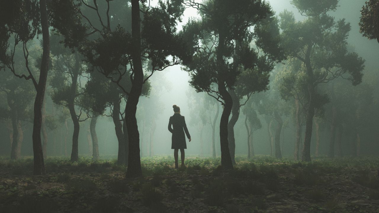 Nő ködös fantáziaerdőben