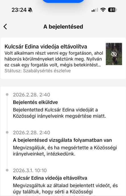 Eltávolították a TikTok-ról Kulcsár Edina háborút imitáló videóját