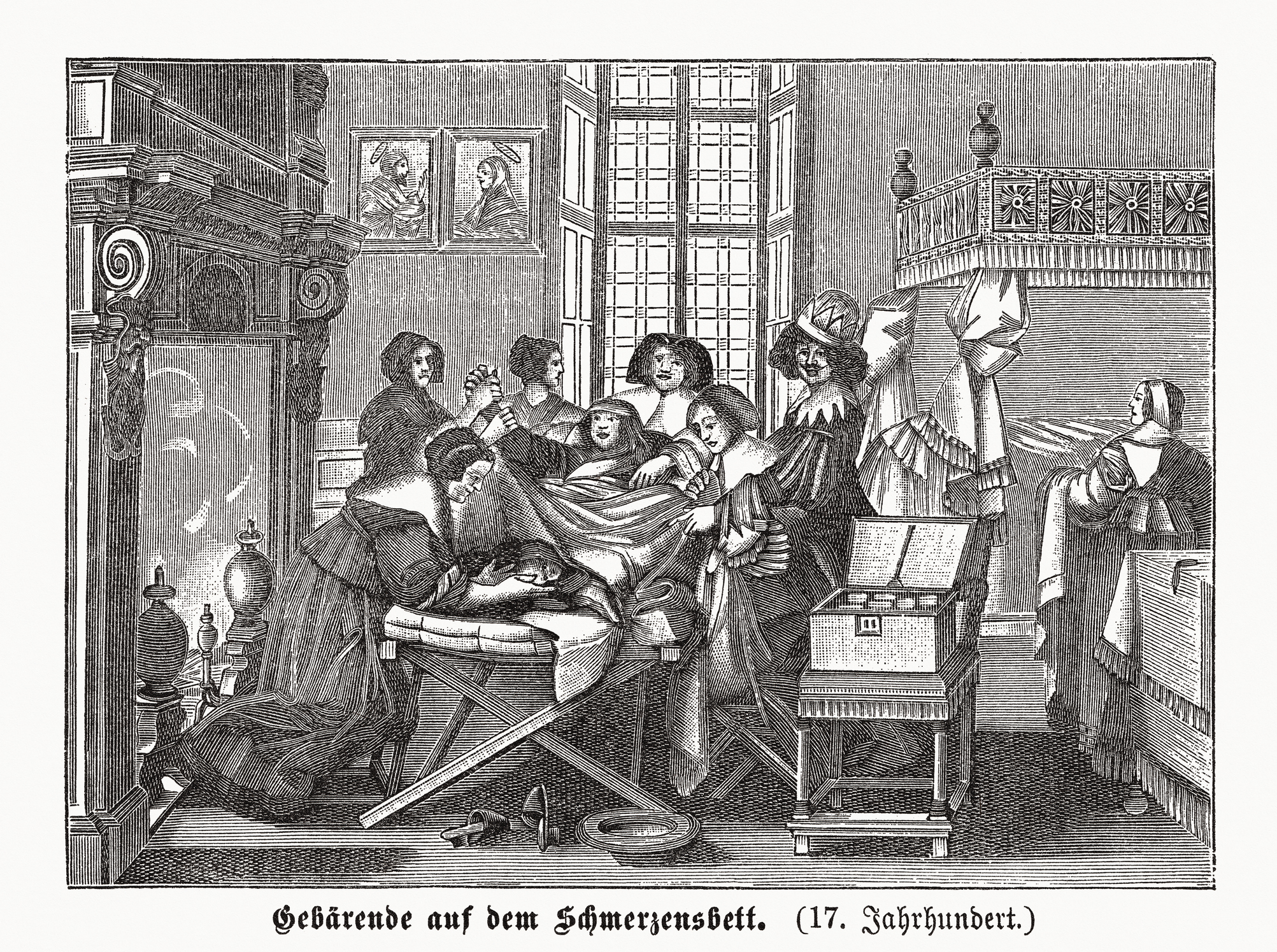Szülő nő (17. század). Fametszet Abraham Bosse (francia metsző, 1604–1676) rézmetszete alapján, 1895-ben kiadva. (Fotó: Getty Images)