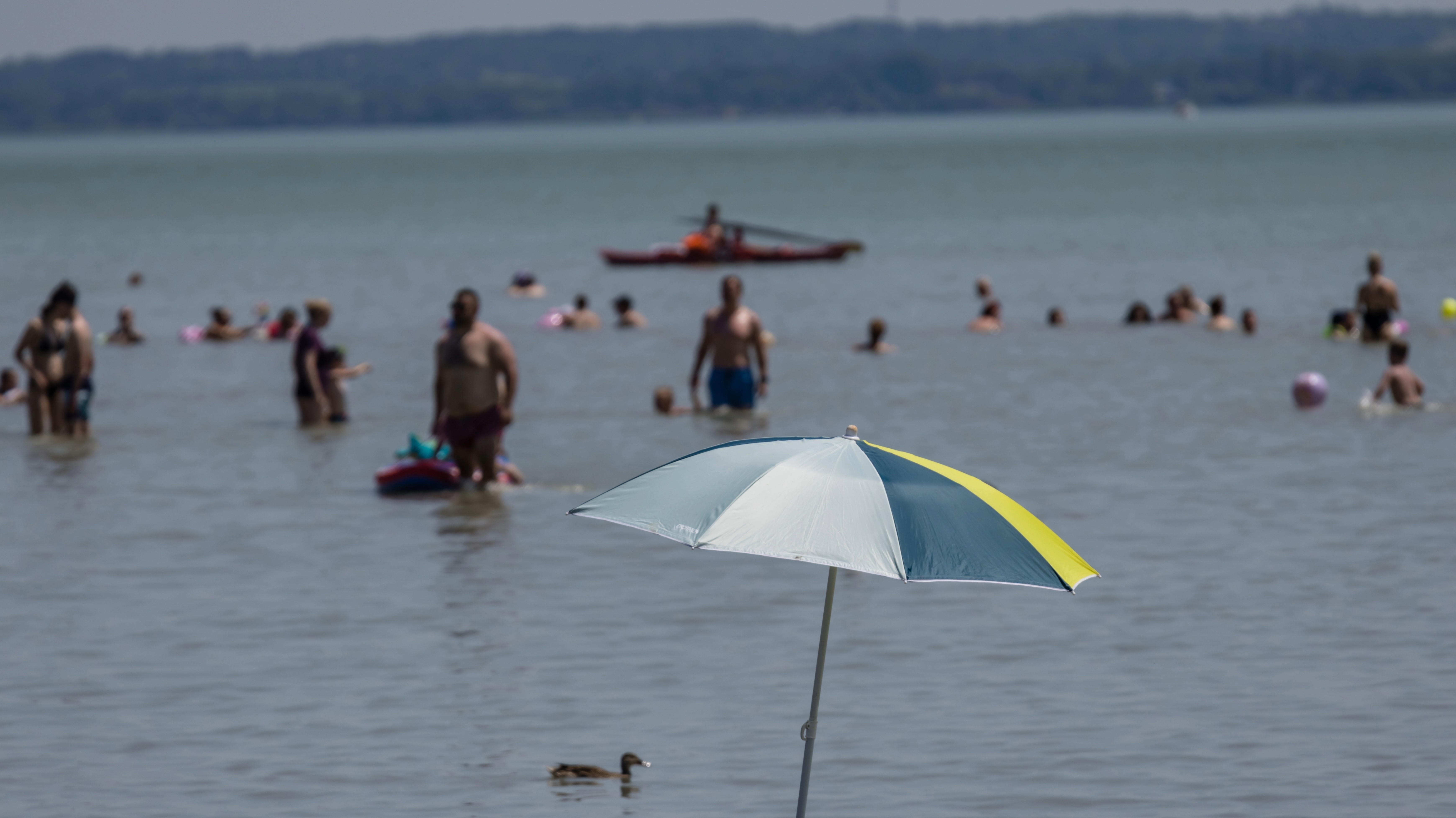 Fürdőzők a Balatonban a keszthelyi strandon 2026. június 21-én.