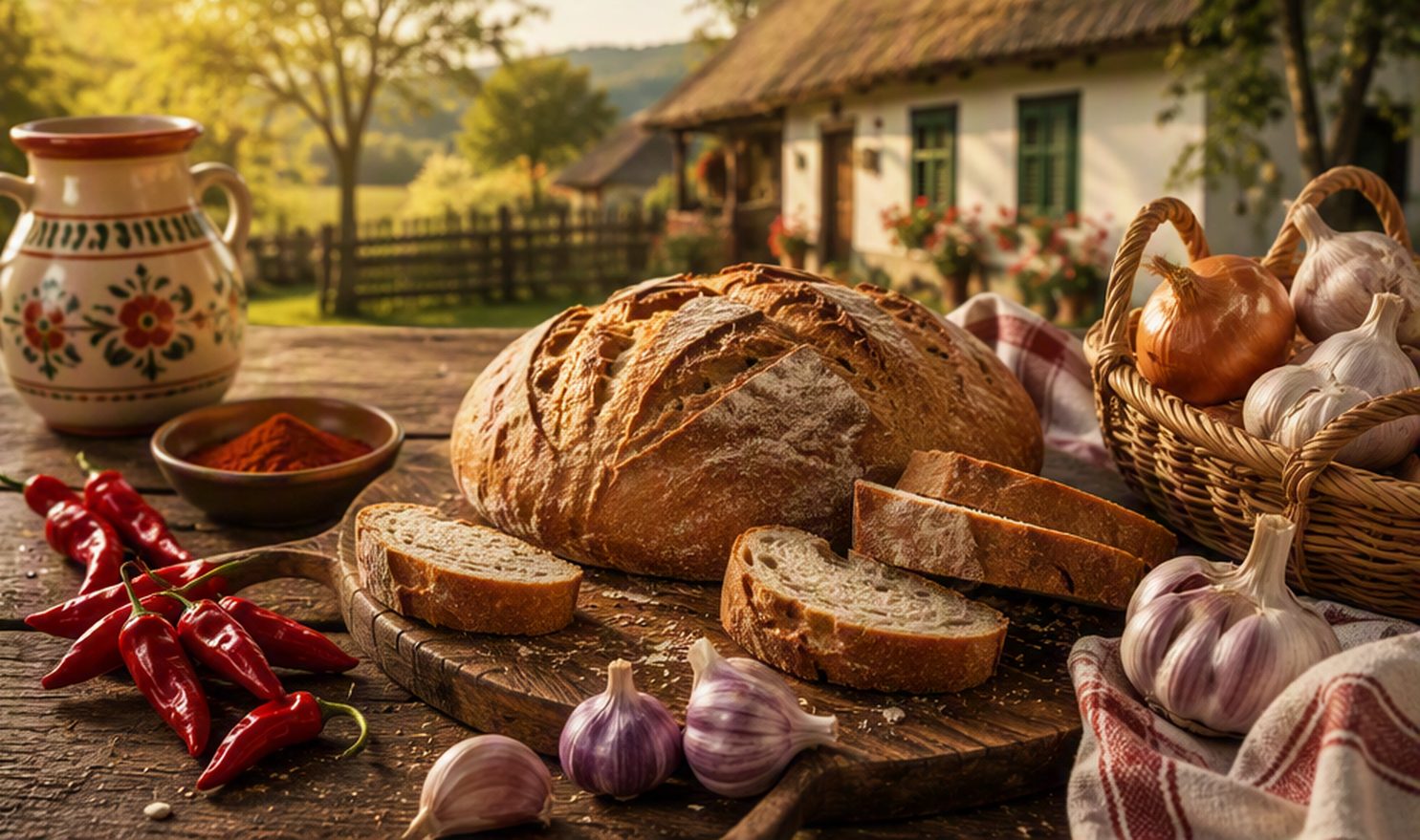 Magyar tájak ízei – kenyér, paprika, fokhagyma vidéki asztalon